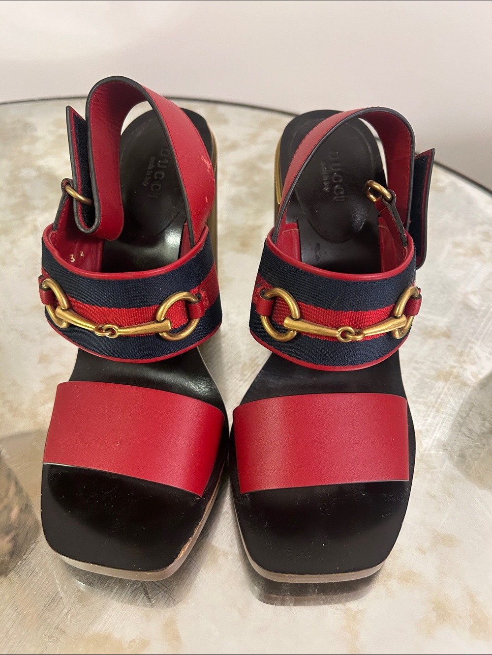 Gucci Red Leather and Navy Web Horsebit Sandals